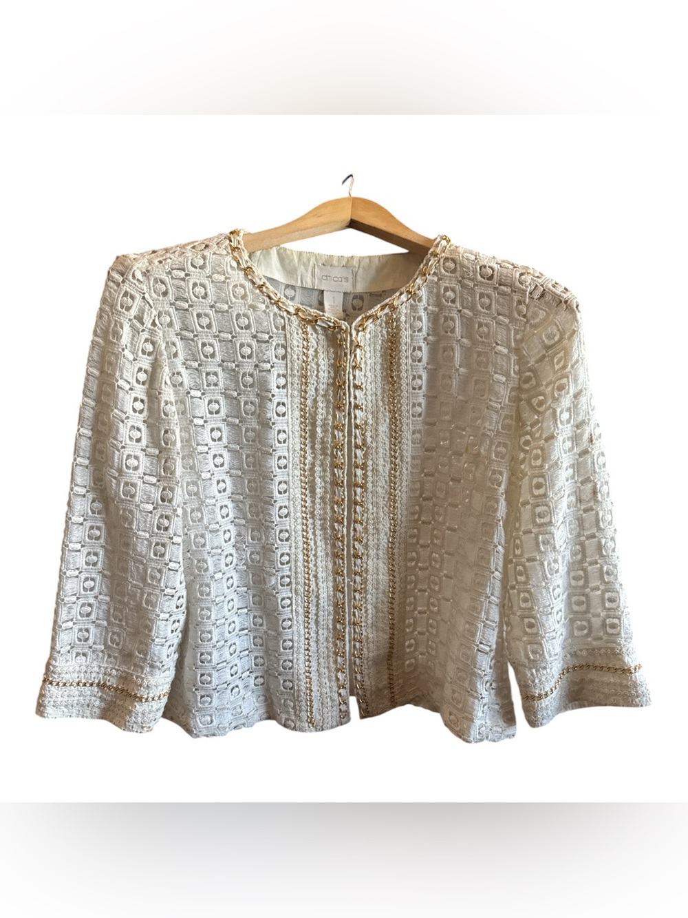 Chico's Cream Crochet Open-Front Jacket with Gold Trim Size Medium Preppy Glam